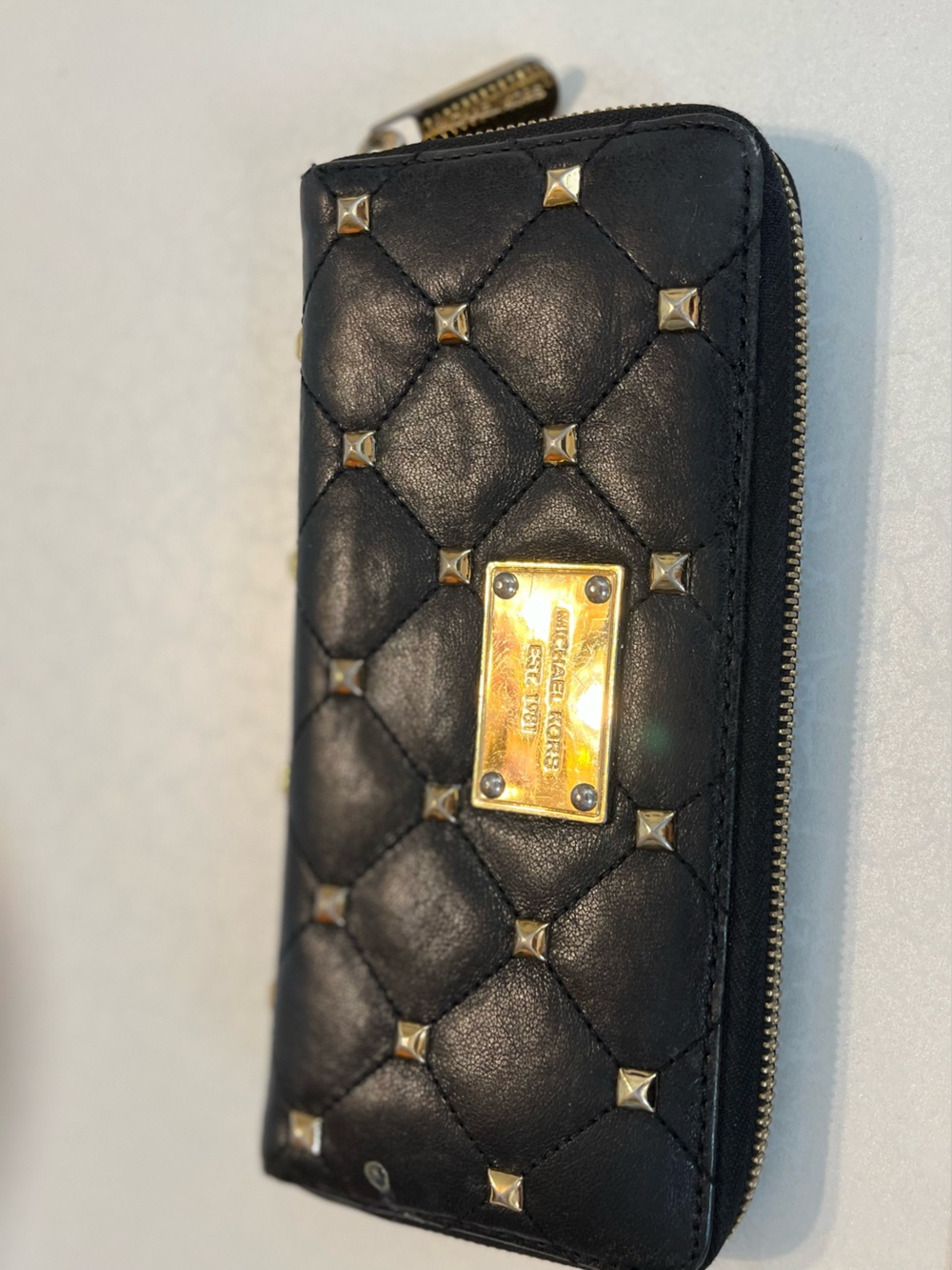 Michael Kors Black Quilted Studded Zip Around Wallet Gold Tone